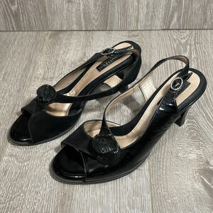 BeautiFeel Black Sling Back Open Toe Heels Suede/Patent Leather 7.5 (38)